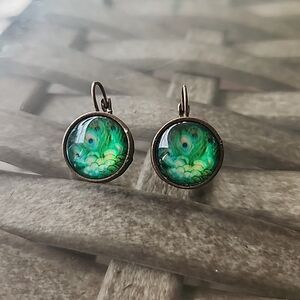 Emerald Green Iridescent Earrings in Silver